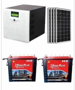 Four 420-watt monocrystalline solar panels, two 200-amp deep cycle batteries, and a Mercury 2.4-kva inverter